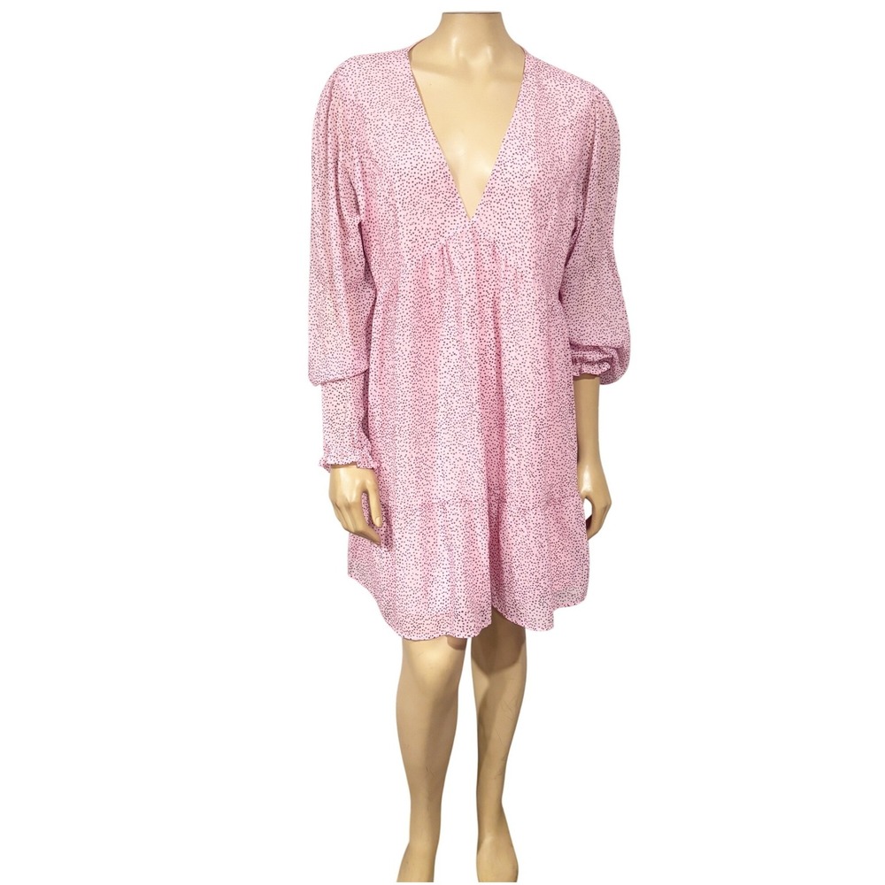 Park &‎ Fifth Pink Dotted V Neck Tiered Mini Dress Feminine XL